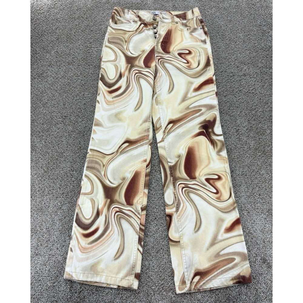 Zara Jeans Women's 0 Beige Cream Tan Marbled Swirl Mid Rise Straight Button Fly
